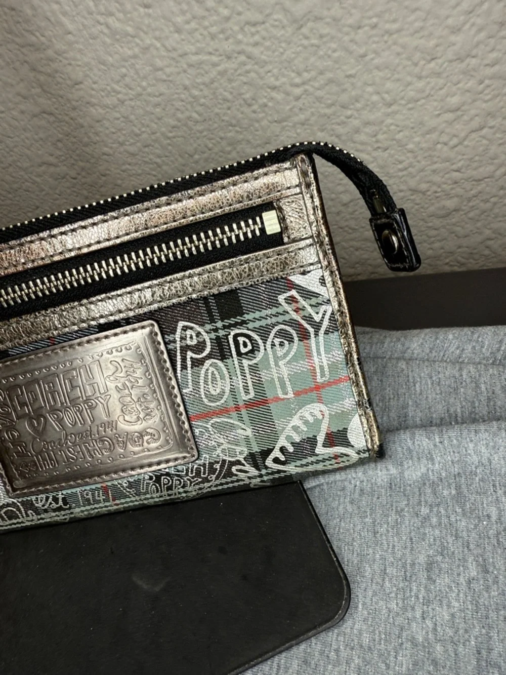 Coach Poppy Metallic Silver and Green Plaid Wristlet